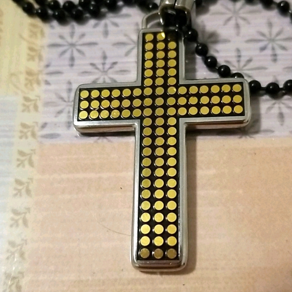 COPY - NEW ❤ Unisex gold tone cross necklace, black long necklace